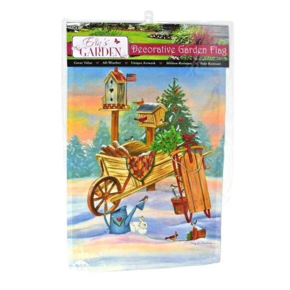 Erins Garden Winter Wheelbarrow Decorative Garden Flag 12.5 x 18 inch New - Picture 1 of 4